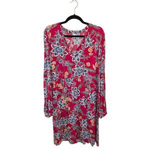 Red Floral Boho Shift Dress Old Navy Long Sleeve V-neck Tassels Breezy‎ Dress LT